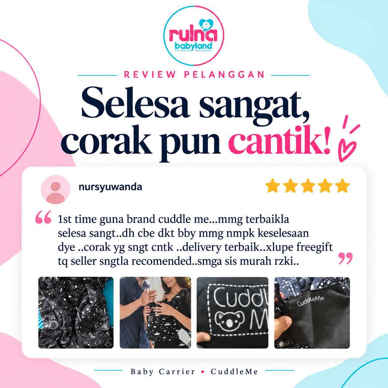 Poster testimoni nursyuwanda: selesa sangat, corak pun cantik