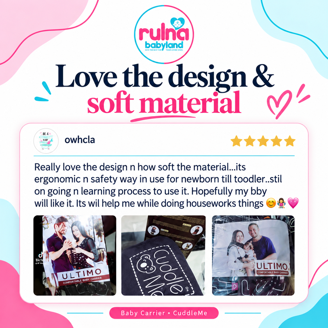 Poster testimoni owhcla mengenai reka bentuk dan material lembut Cuddle Me