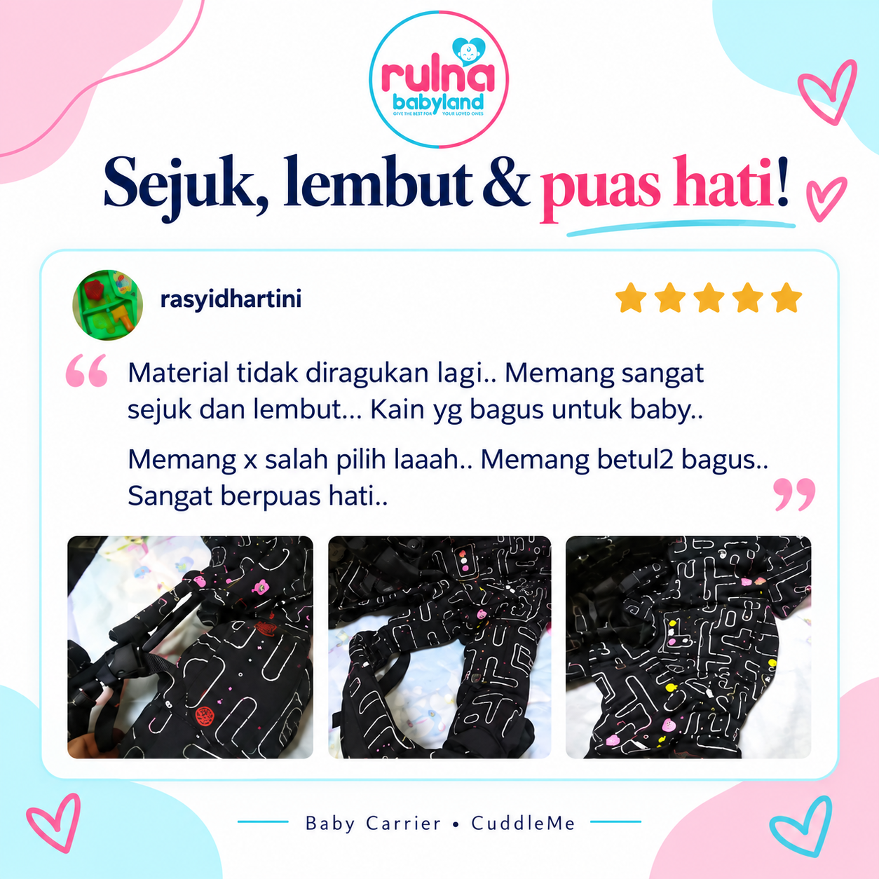 Poster testimoni rasyidhartini tentang material Cuddle Me yang sejuk dan lembut