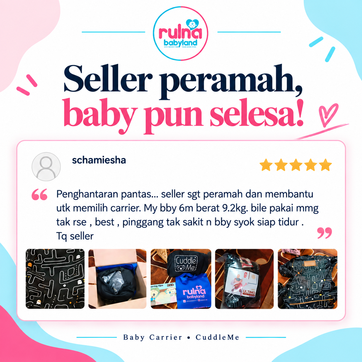 Poster testimoni schamiesha: seller membantu memilih carrier dan baby selesa